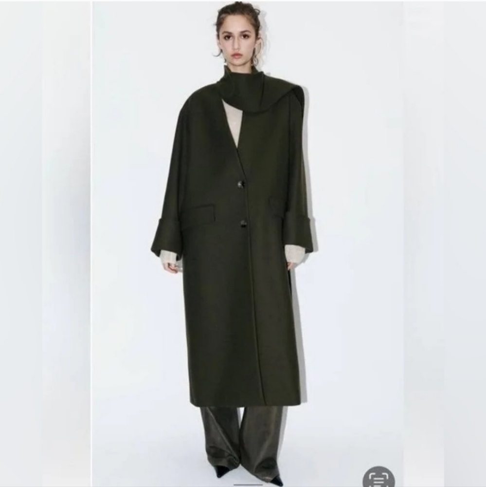 ZARA KHAKI MANTECO WOOL SCARF COAT size XS/S - Picture 14 of 17